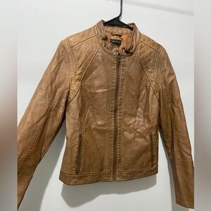 Lord & Taylor Brown Faux Leather Moto Bomber Jacket with Quilted Shoulders